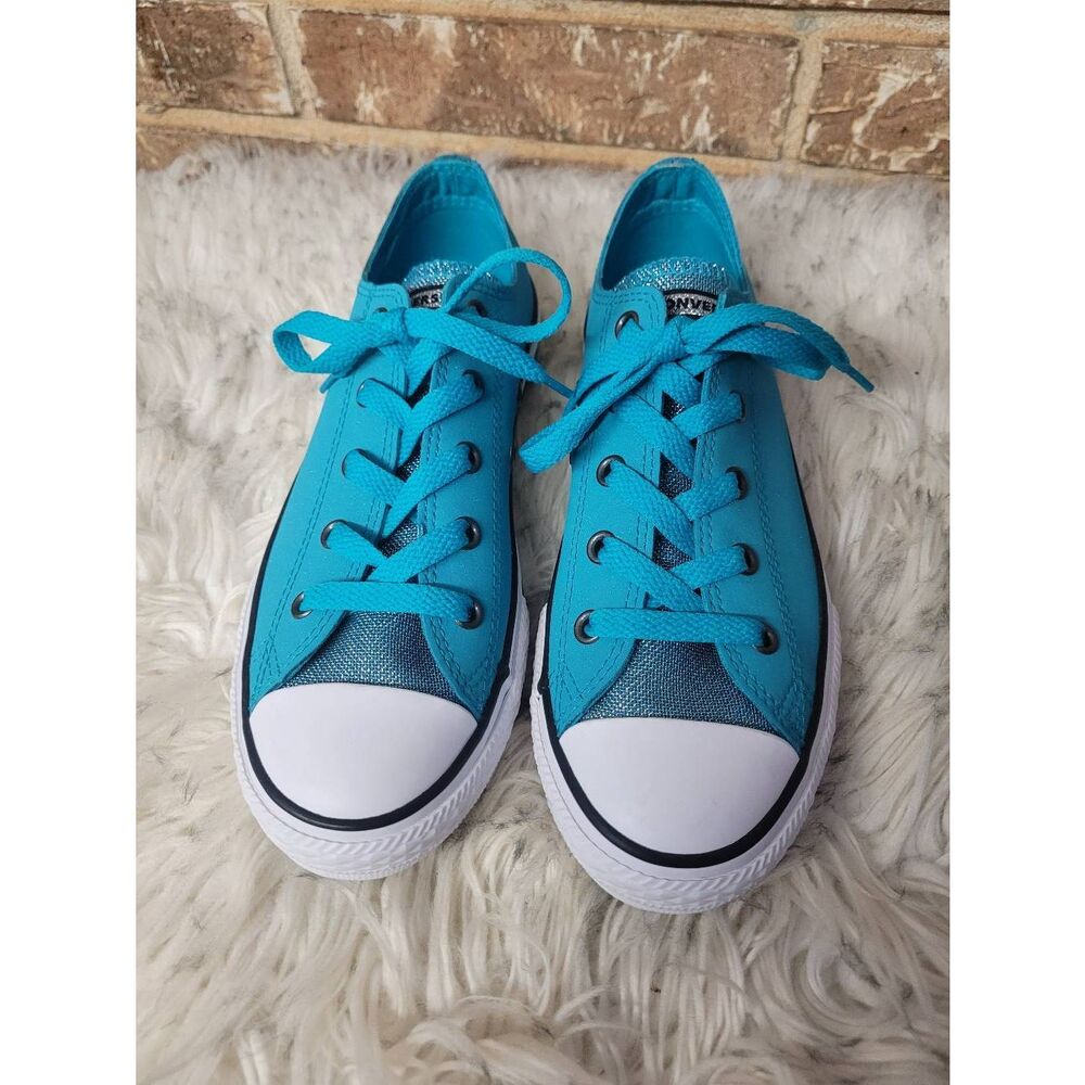 New Converse Chuck Taylor All Star Low Top Sneakers, Teal Leather/Shimmer, Girls - Picture 2 of 7